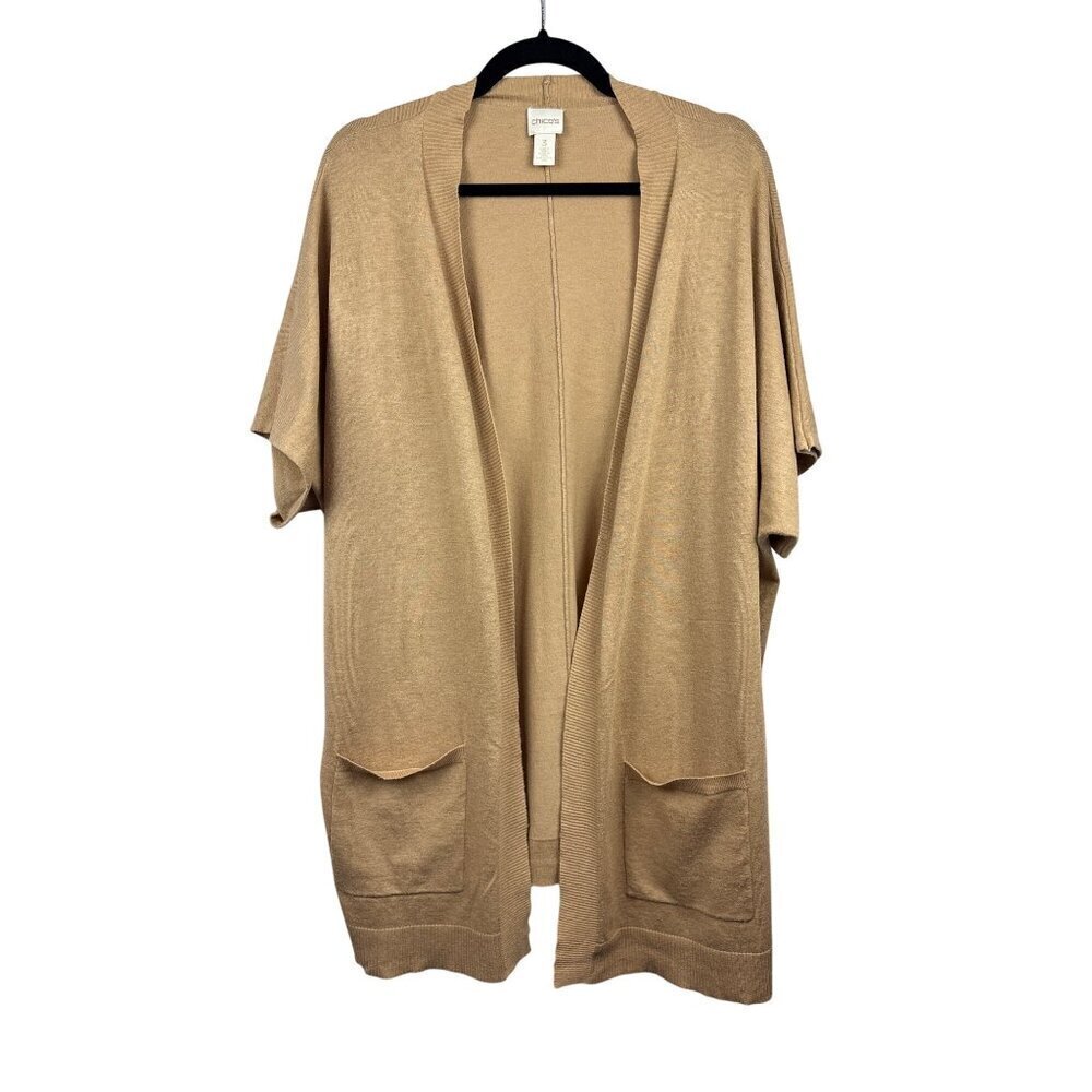Women’s Chico’s Size 3 Tan Short Sleeve Cardigan with Pockets